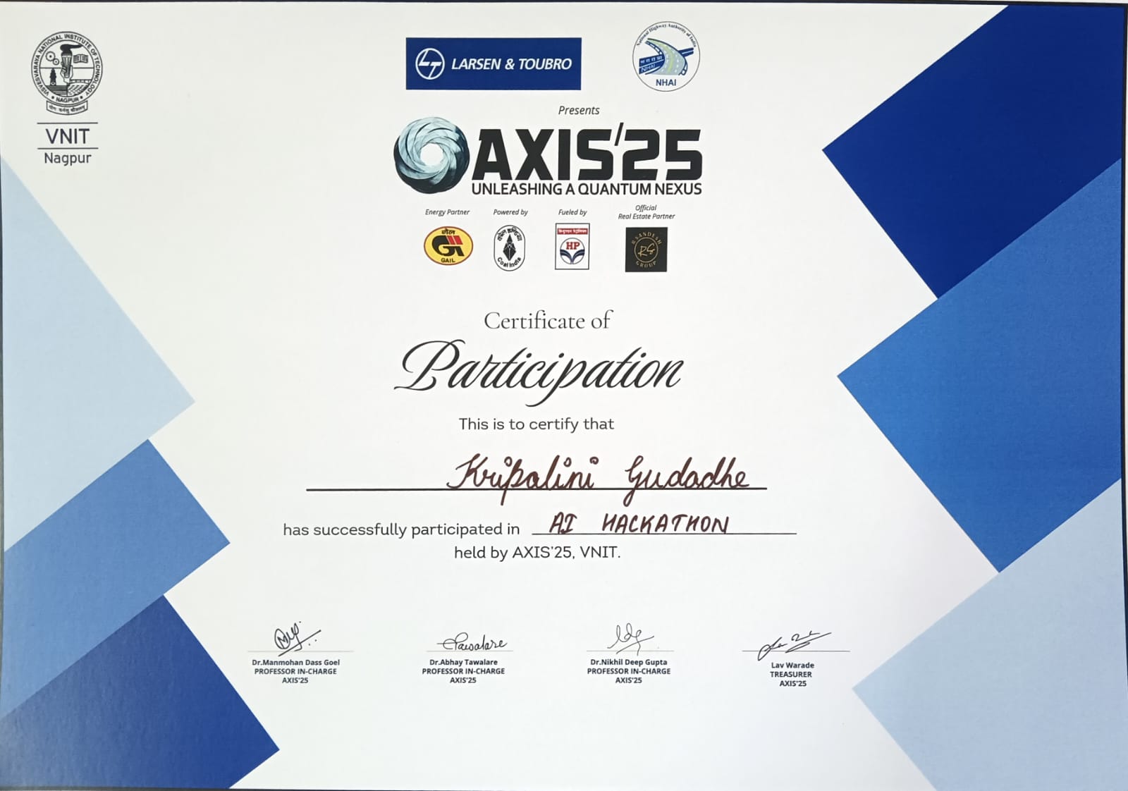 VNIT Hackathon Certificate